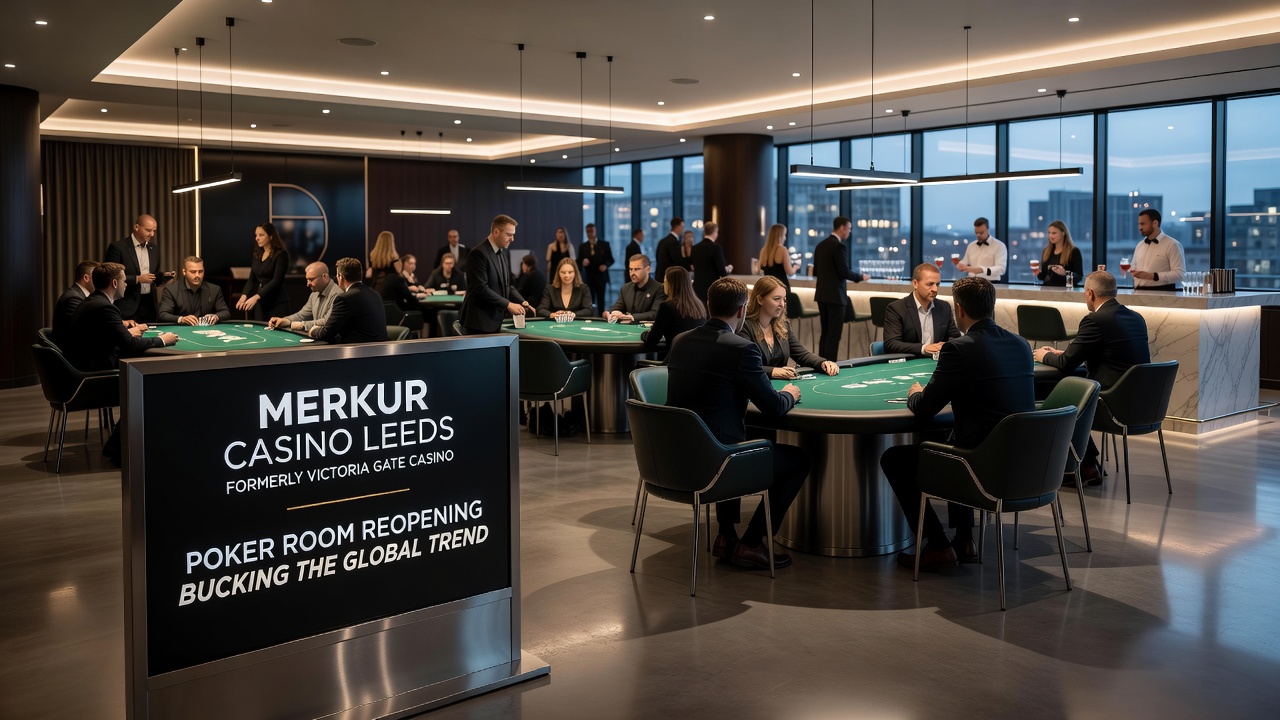 Interior poker room setup at a Merkur casino with tables prepared for No-Limit Hold’em cash games