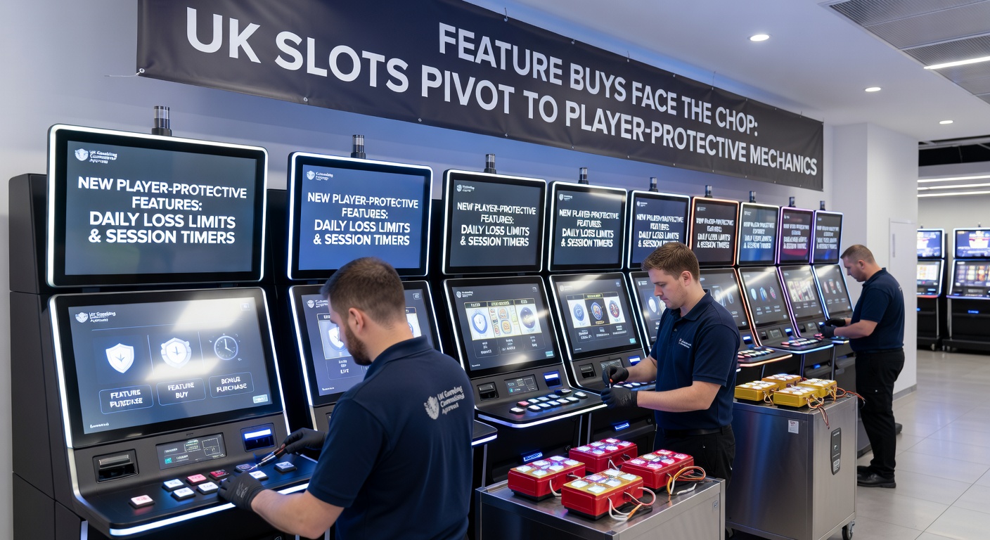 Screenshot of modern UK slot game featuring protective mechanics like scatter collection meters and progressive bonus triggers, contrasted with faded feature buy buttons