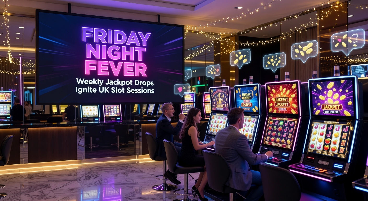 A cluster of mobile phones displaying jackpot win screens from Friday Night Fever events, with glowing notifications and celebratory graphics highlighting UK players' big moments