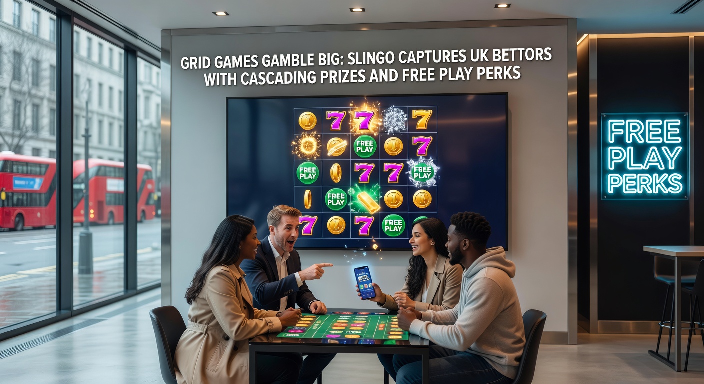Dynamic screenshot of a Slingo cascade sequence with symbols dropping, lines glowing, and free spin counters rising amid colorful grid action