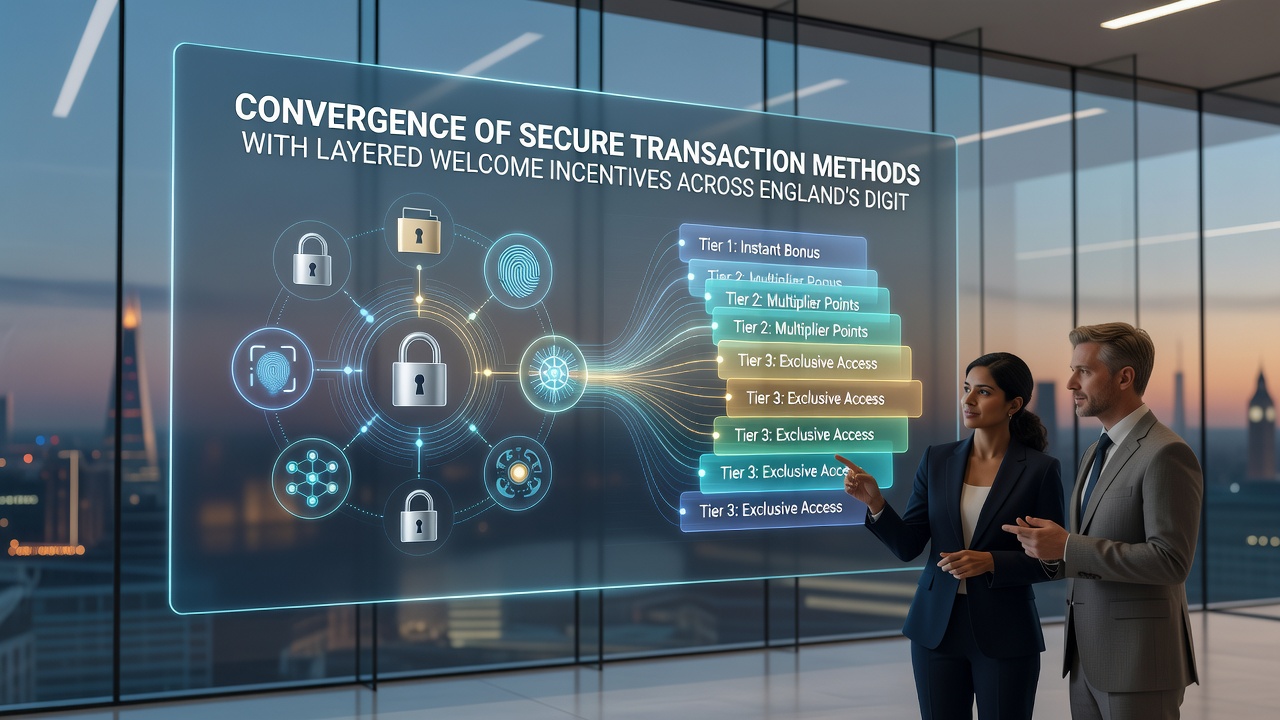 Layered welcome bonus structure overlaid on encrypted transaction flow within an England-based gaming hub