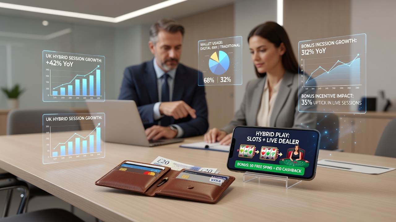 UK mobile screen showing wallet transfer between slot game and live dealer table with active bonus indicators